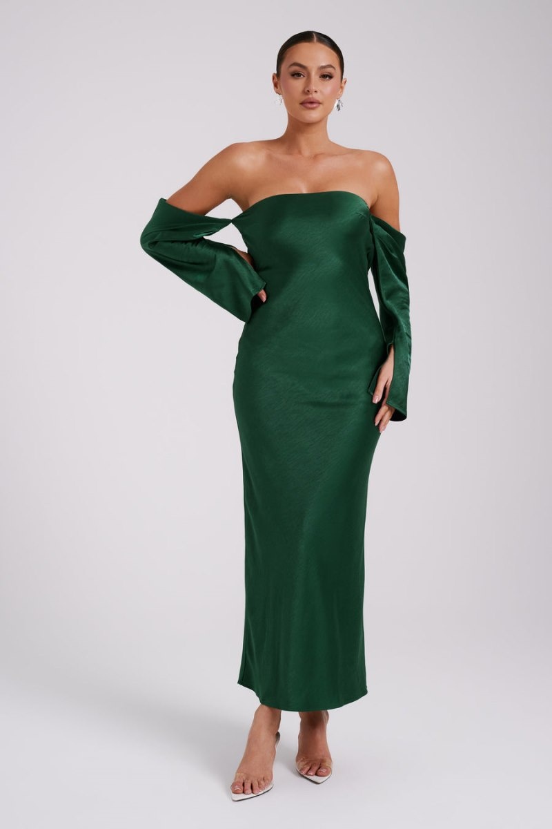 Women's Meshki Vee Off Shoulder Satin Midi Dress Green Australia | X6N-5442