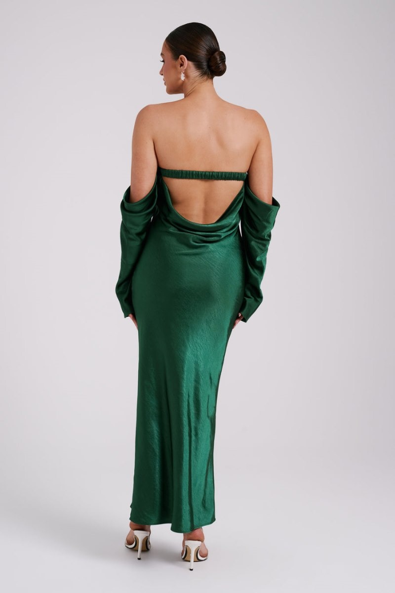 Women's Meshki Vee Off Shoulder Satin Midi Dress Green Australia | X6N-5442