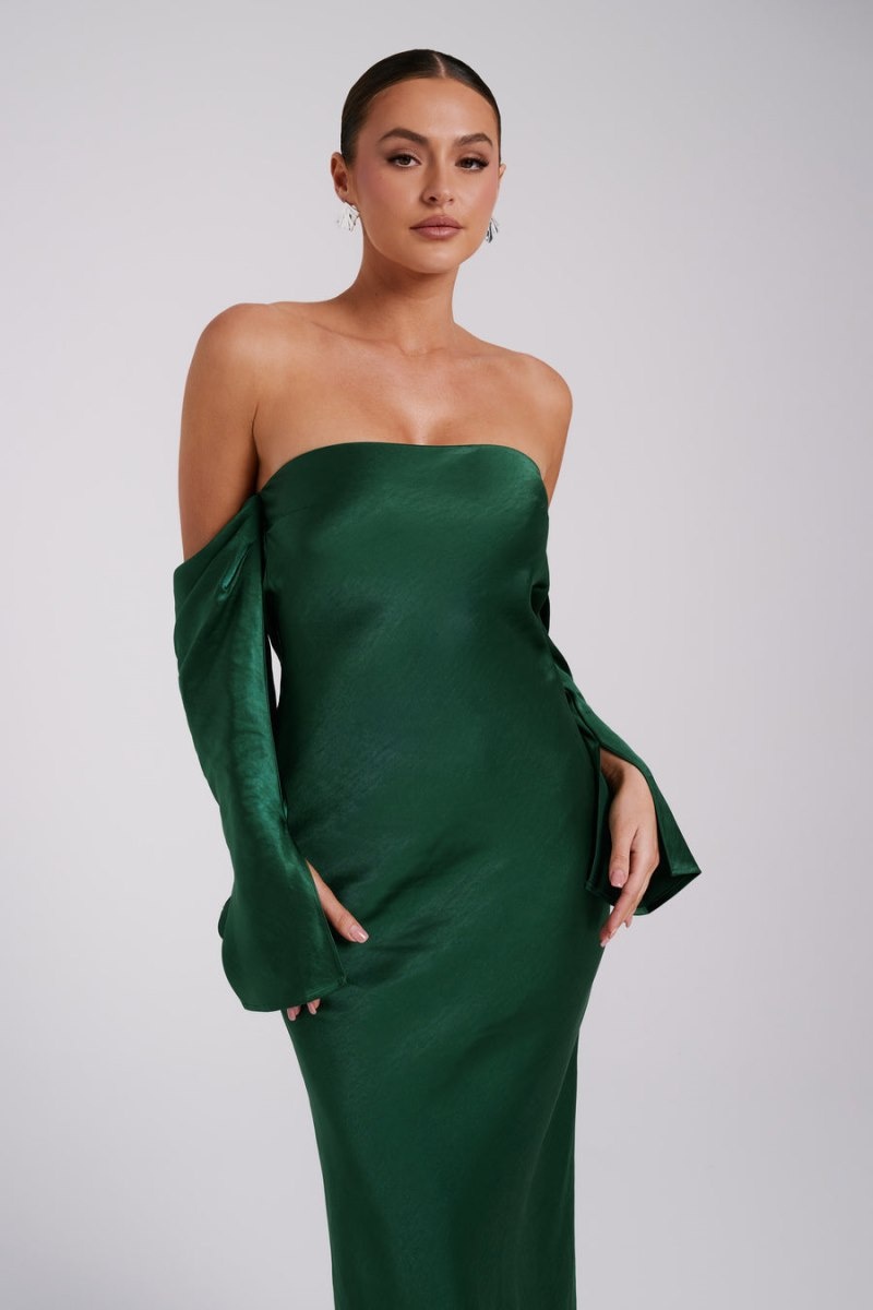 Women's Meshki Vee Off Shoulder Satin Midi Dress Green Australia | X6N-5442