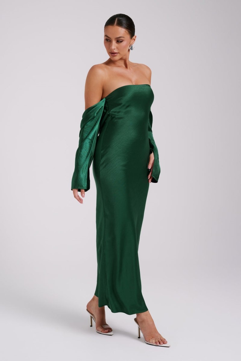 Women's Meshki Vee Off Shoulder Satin Midi Dress Green Australia | X6N-5442