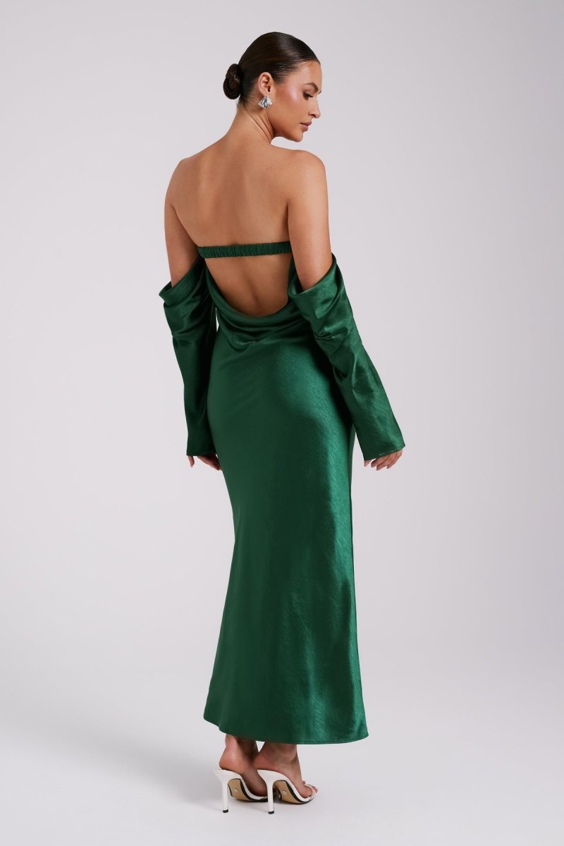 Women\'s Meshki Vee Off Shoulder Satin Midi Dress Green Australia | X6N-5442