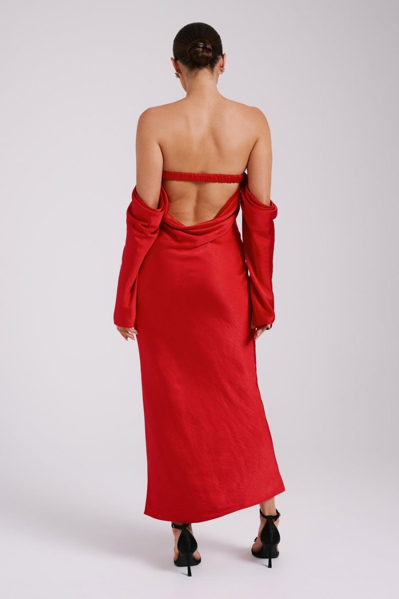 Women's Meshki Vee Off Shoulder Satin Midi Dress Red Australia | V5N-8235