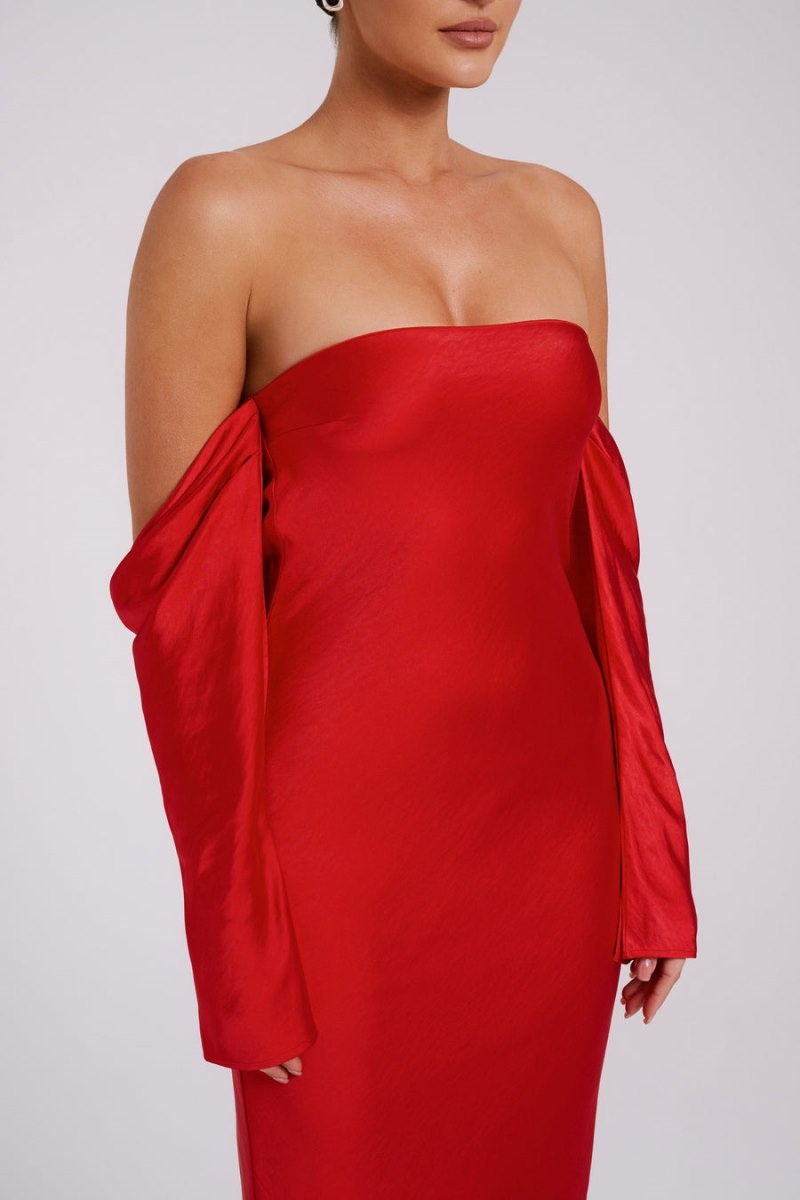 Women's Meshki Vee Off Shoulder Satin Midi Dress Red Australia | V5N-8235