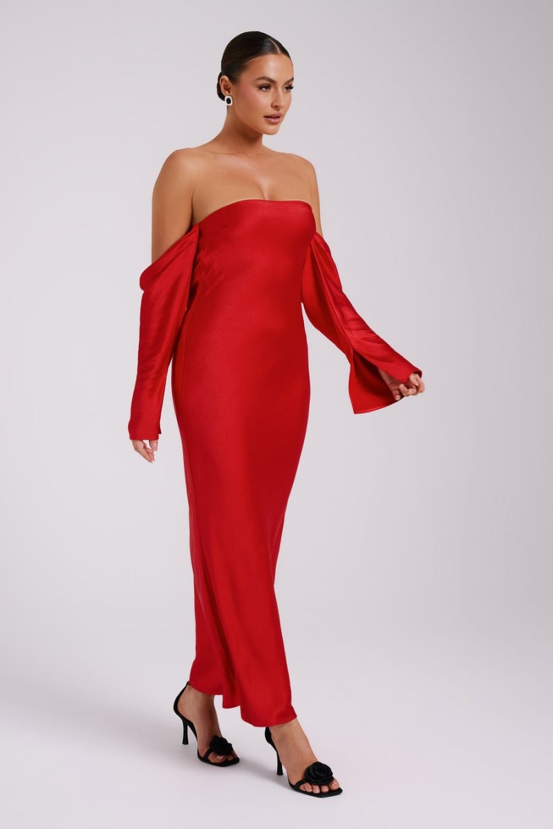 Women's Meshki Vee Off Shoulder Satin Midi Dress Red Australia | V5N-8235