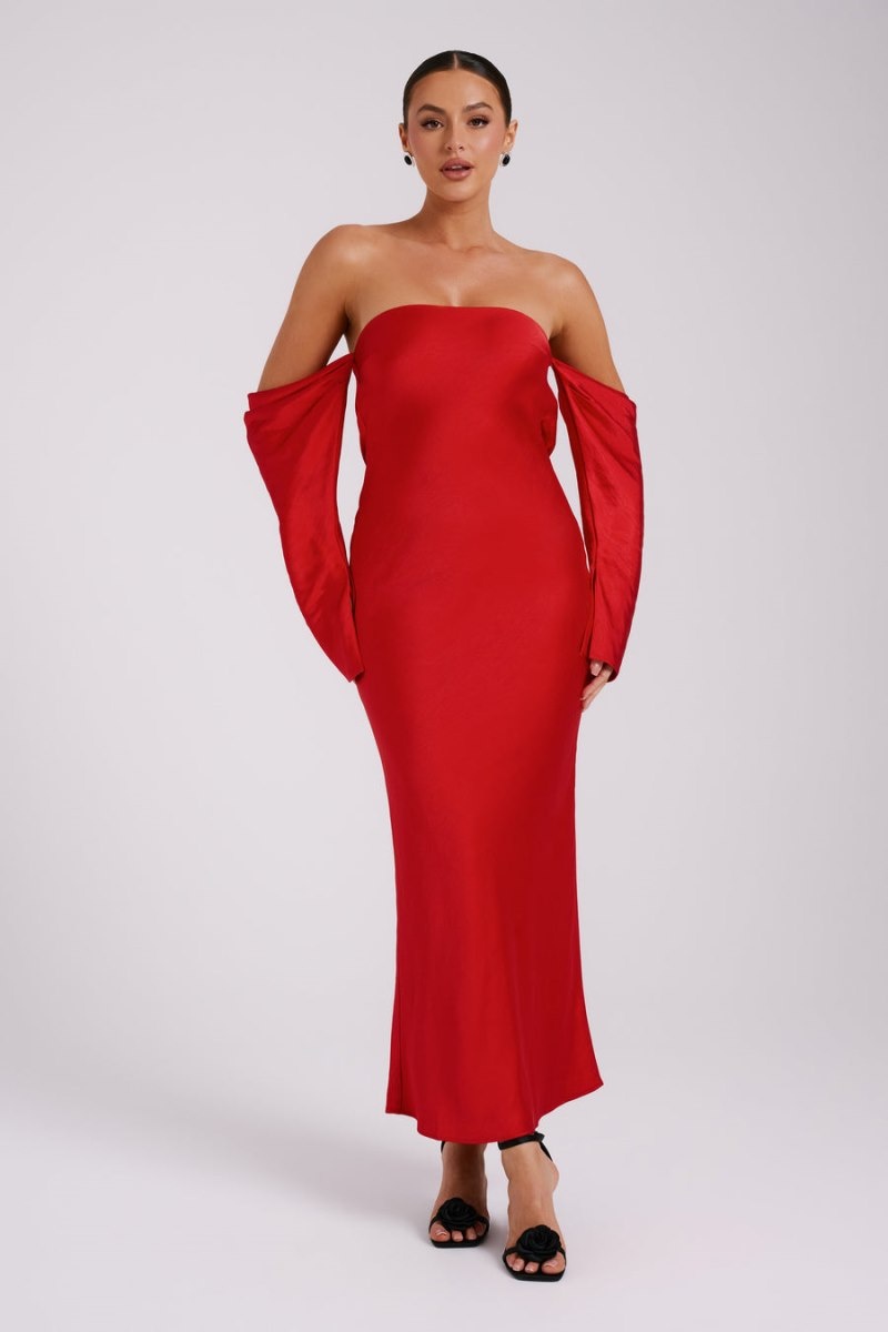 Women's Meshki Vee Off Shoulder Satin Midi Dress Red Australia | V5N-8235