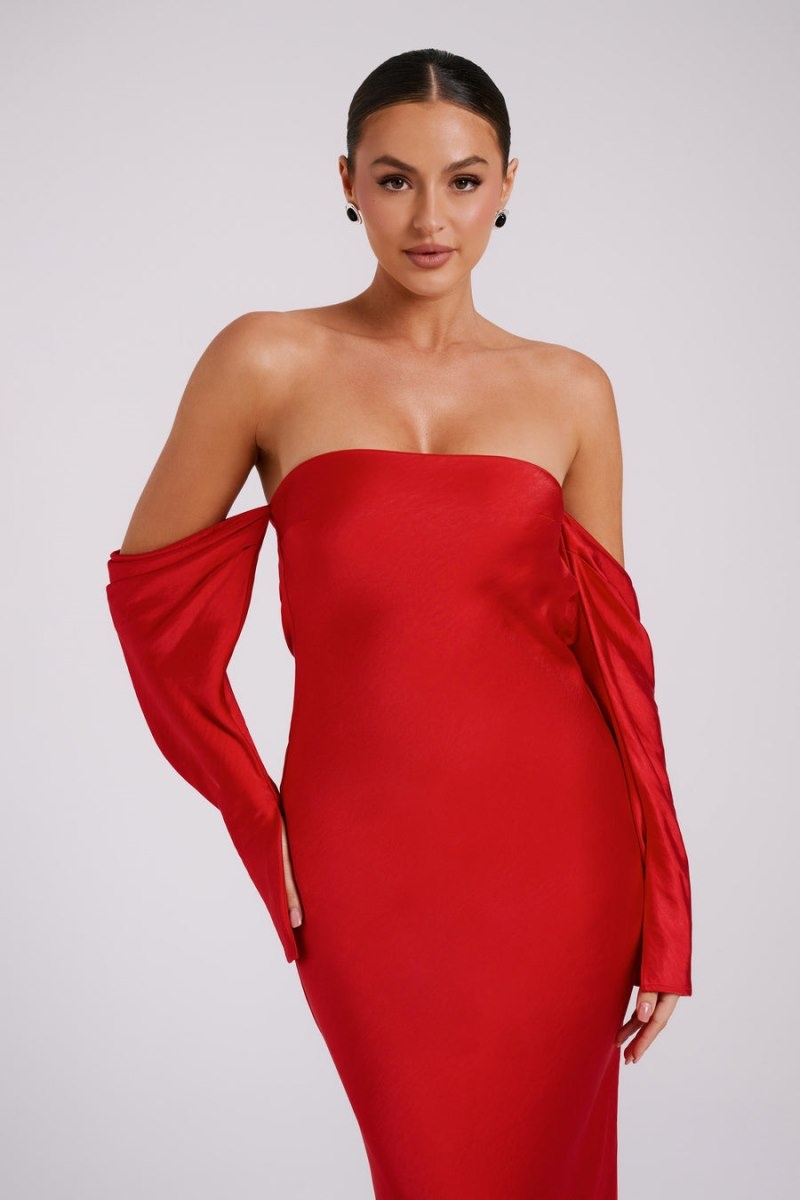 Women's Meshki Vee Off Shoulder Satin Midi Dress Red Australia | V5N-8235