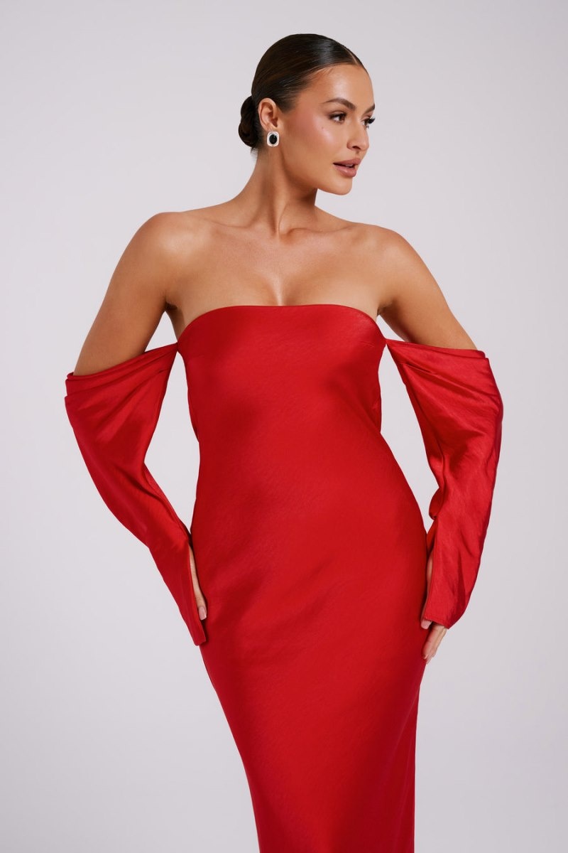 Women's Meshki Vee Off Shoulder Satin Midi Dress Red Australia | V5N-8235