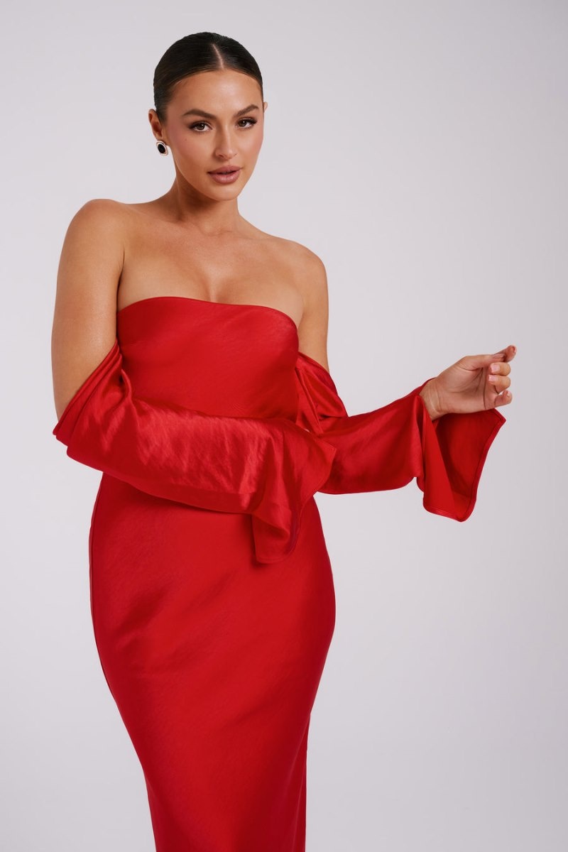 Women's Meshki Vee Off Shoulder Satin Midi Dress Red Australia | V5N-8235