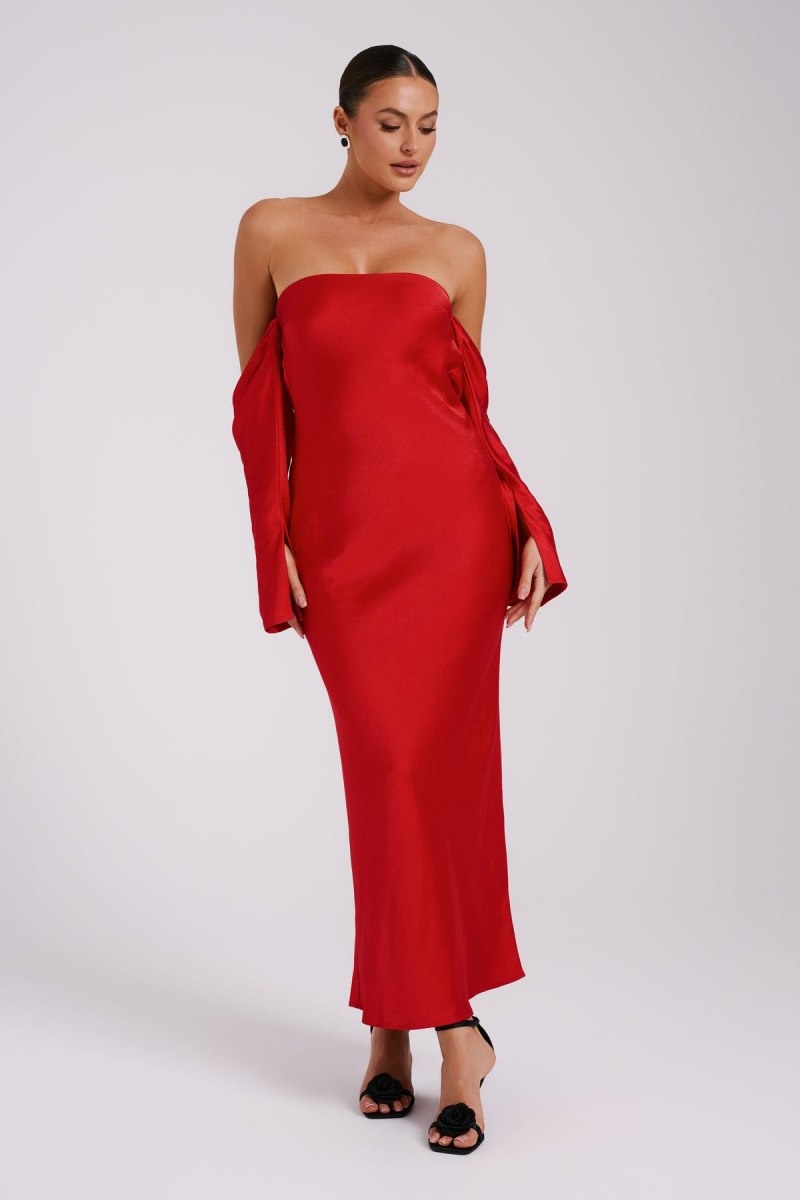 Women\'s Meshki Vee Off Shoulder Satin Midi Dress Red Australia | V5N-8235