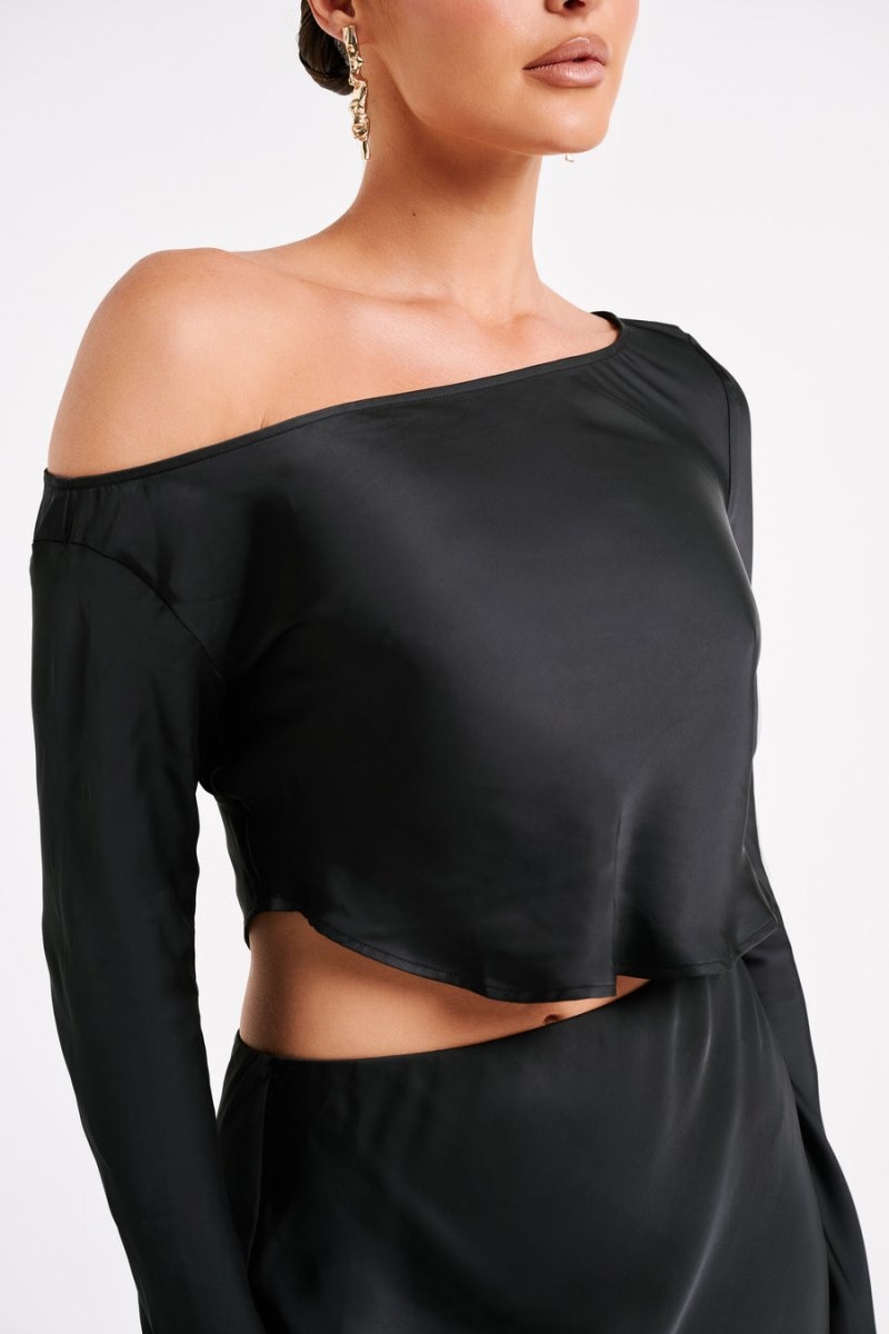 Women's Meshki Violeta One Shoulder Satin Tops Black Australia | S6P-8087