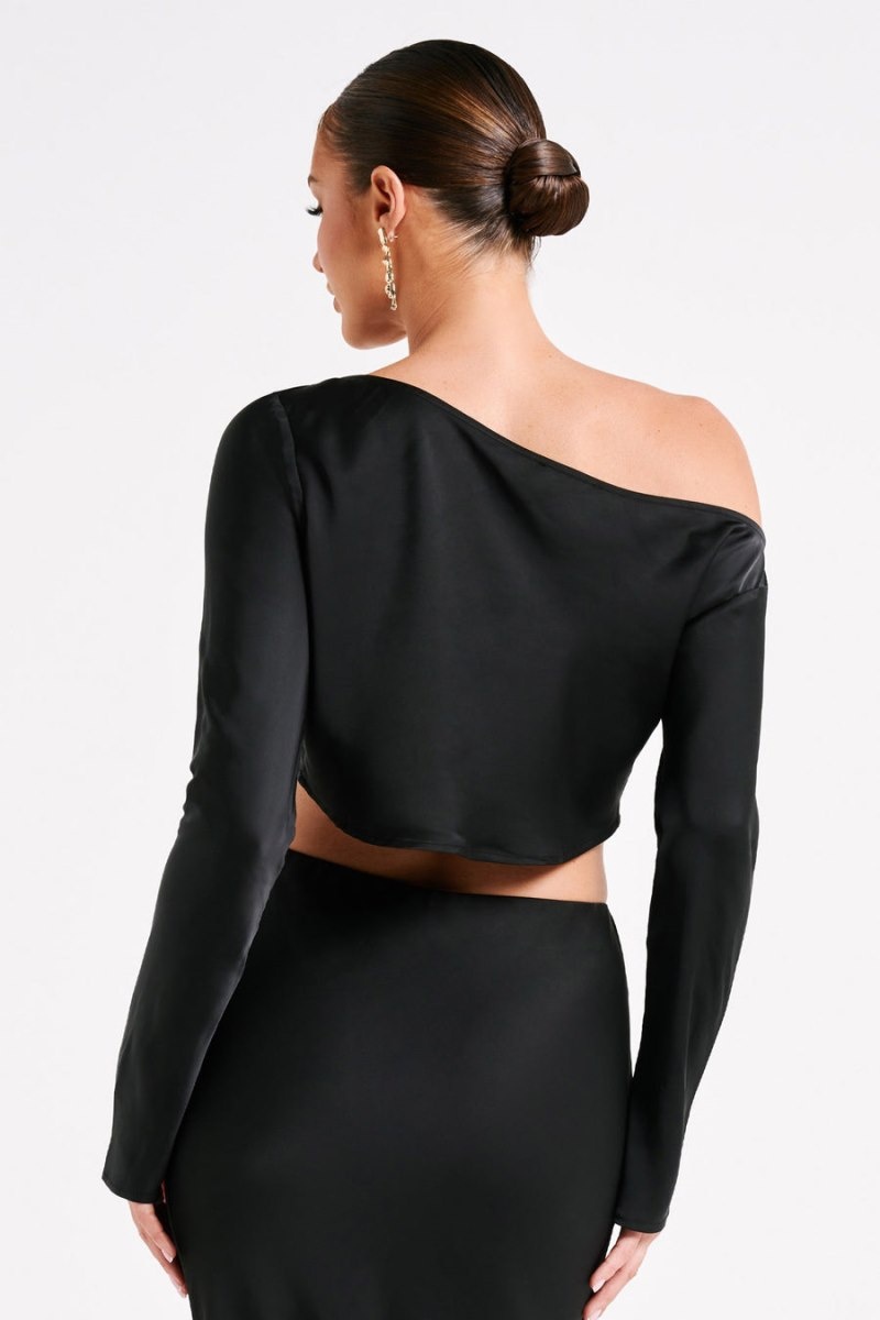 Women's Meshki Violeta One Shoulder Satin Tops Black Australia | S6P-8087