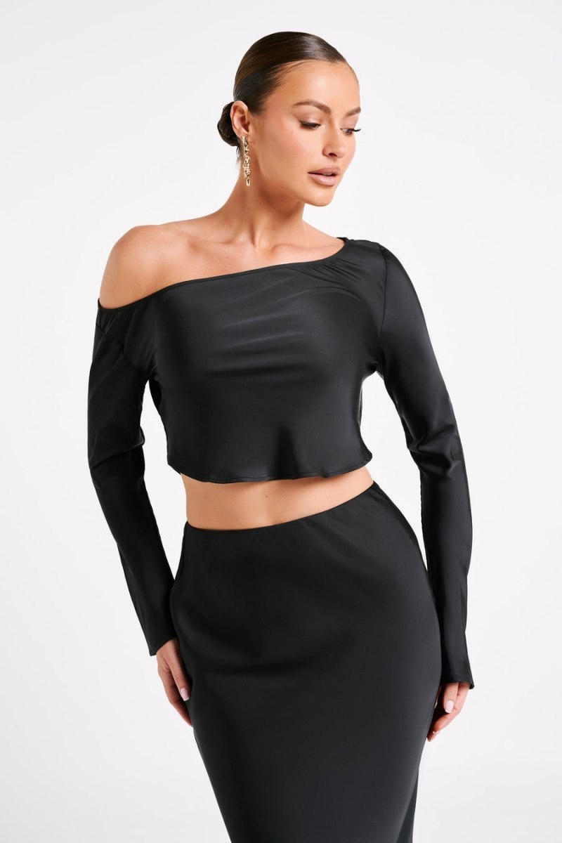 Women's Meshki Violeta One Shoulder Satin Tops Black Australia | S6P-8087