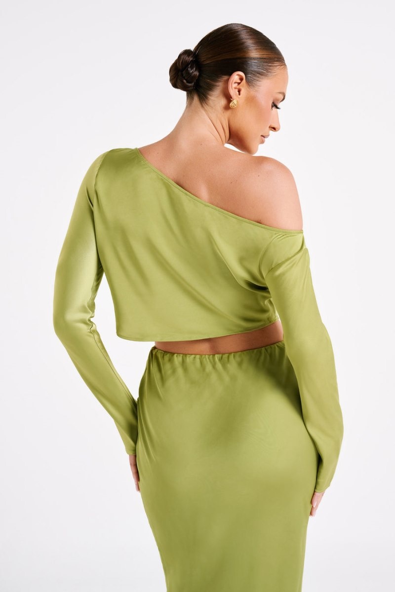 Women's Meshki Violeta One Shoulder Satin Tops Green Australia | U0U-6354