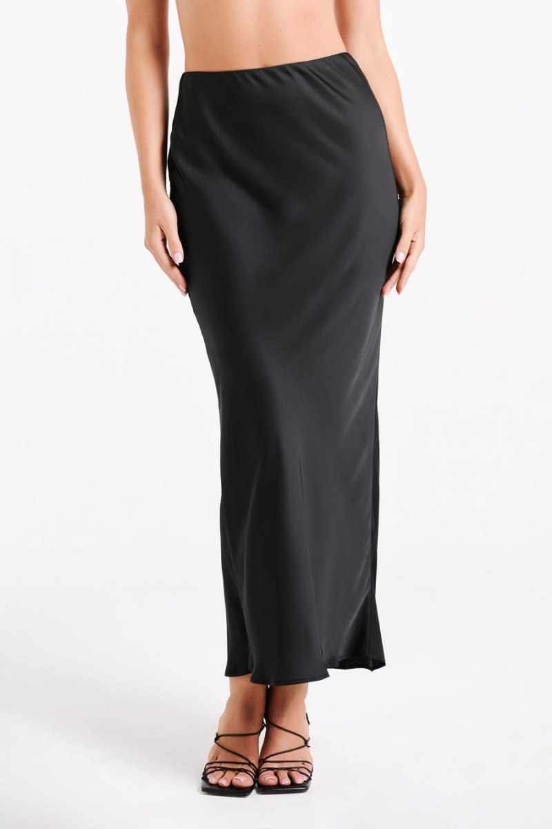 Women's Meshki Violeta Satin Maxi Skirts Black Australia | T6J-0369