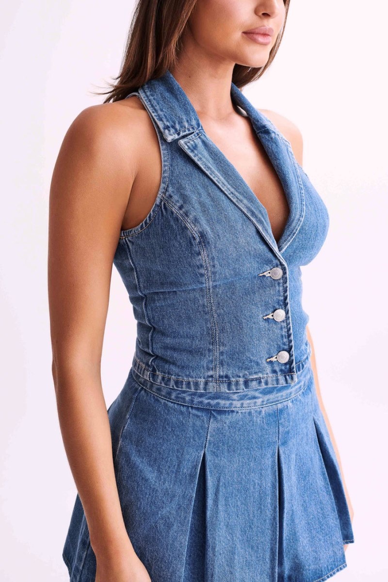 Women's Meshki Vivienne Denim Vest Blue Australia | A5I-6148