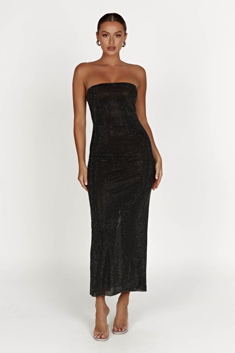 Women's Meshki Waverly Strapless Diamante Midi Dress Black Australia | V5Y-2751