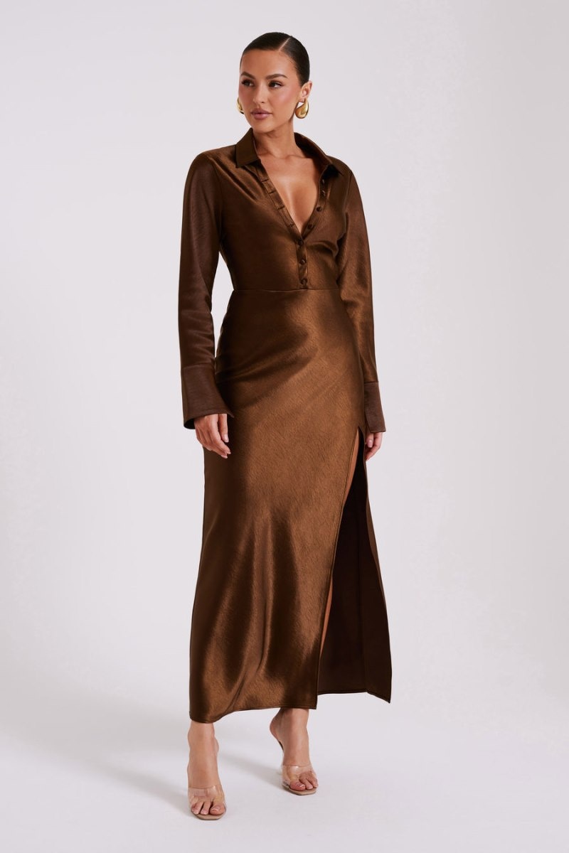 Women's Meshki Whitley Satin Collared Maxi Dress Dark Brown Australia | W0T-8411