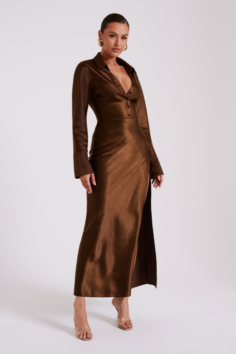 Women's Meshki Whitley Satin Collared Maxi Dress Dark Brown Australia | W0T-8411