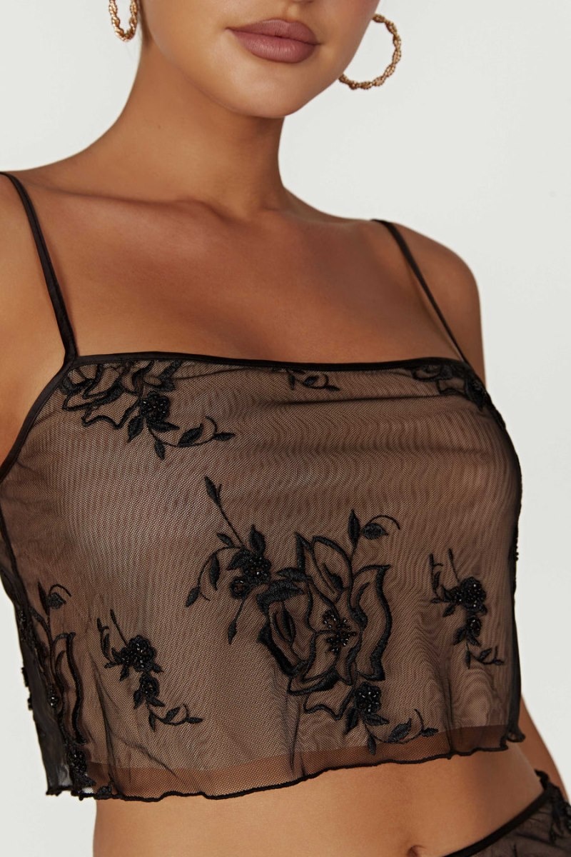 Women's Meshki Xena Embroidered Mesh Cami Tops Black Australia | I1S-3771