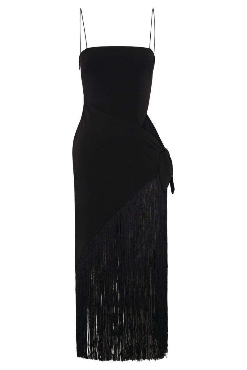 Women's Meshki Yasmin Wrap Over Fringing Midi Dress Black Australia | C6P-8884