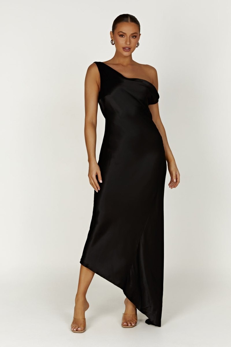 Women's Meshki Yvette Slip Asymmetrical Hem Maxi Dress Black Australia | B6V-5079