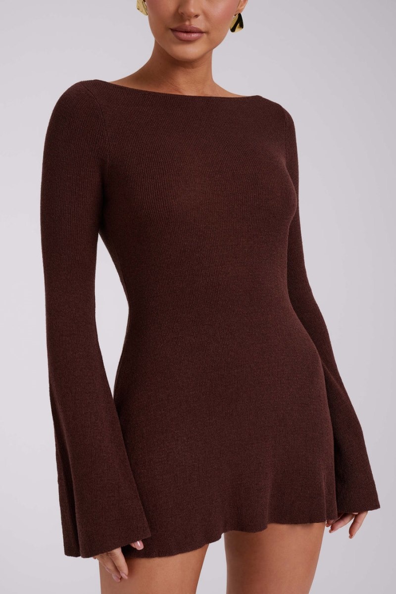 Women's Meshki Zahra Long Sleeve Open Back Knit Mini Dress Dark Chocolate Australia | Z2R-1581