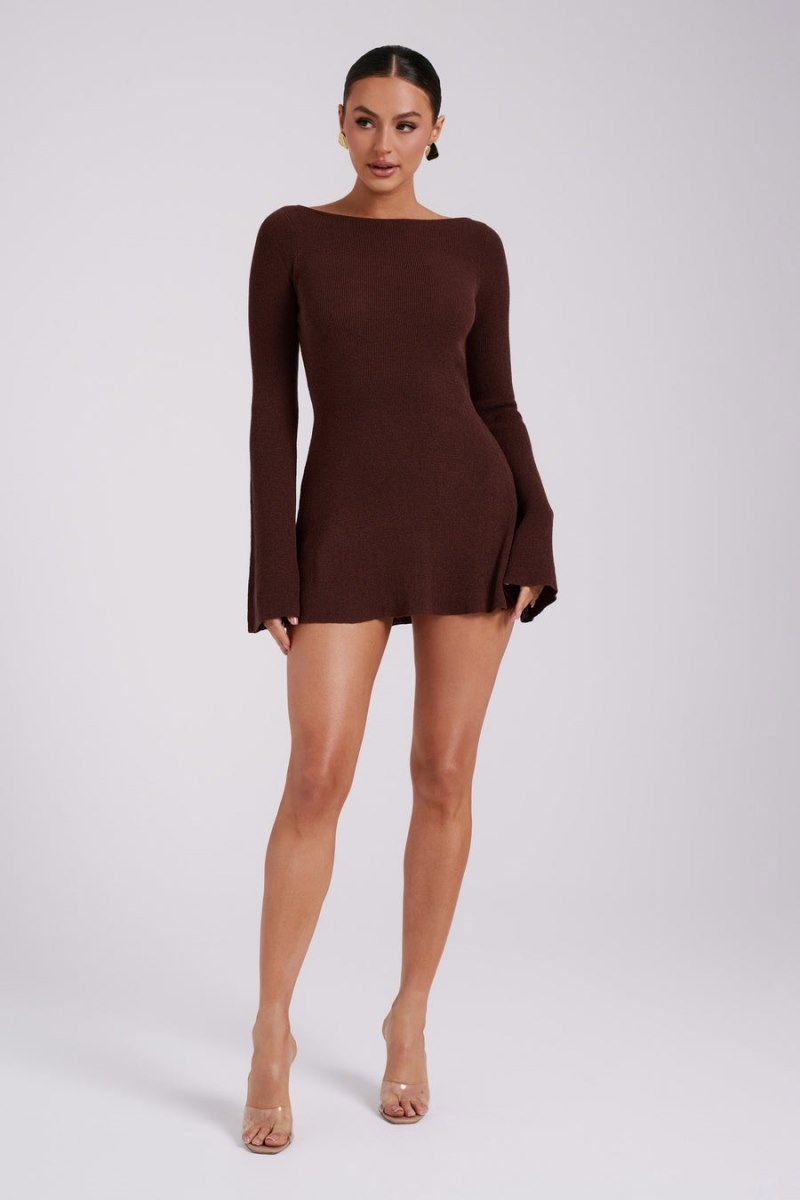 Women's Meshki Zahra Long Sleeve Open Back Knit Mini Dress Dark Chocolate Australia | Z2R-1581