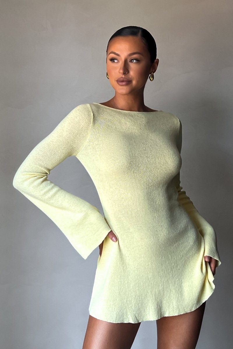 Women's Meshki Zahra Long Sleeve Open Back Knit Mini Dress Lemon Australia | C6Q-5321