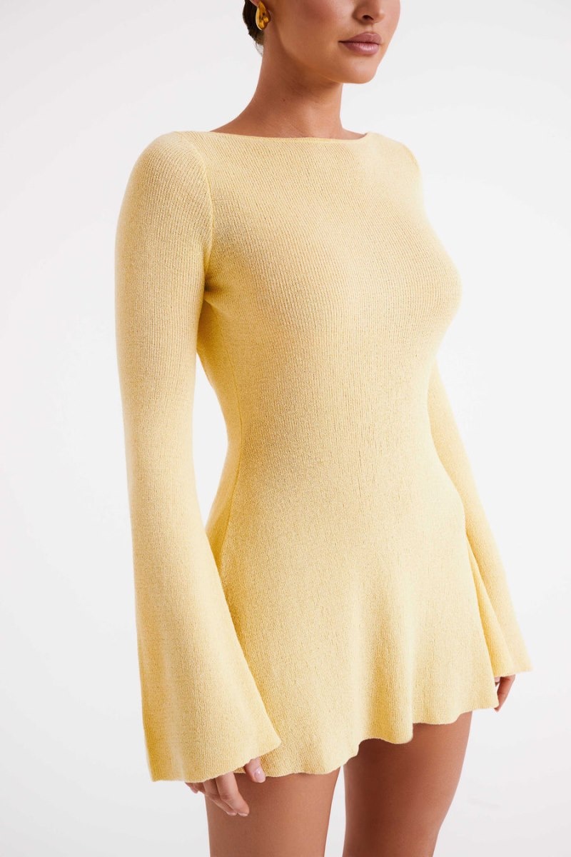 Women's Meshki Zahra Long Sleeve Open Back Knit Mini Dress Lemon Australia | C6Q-5321