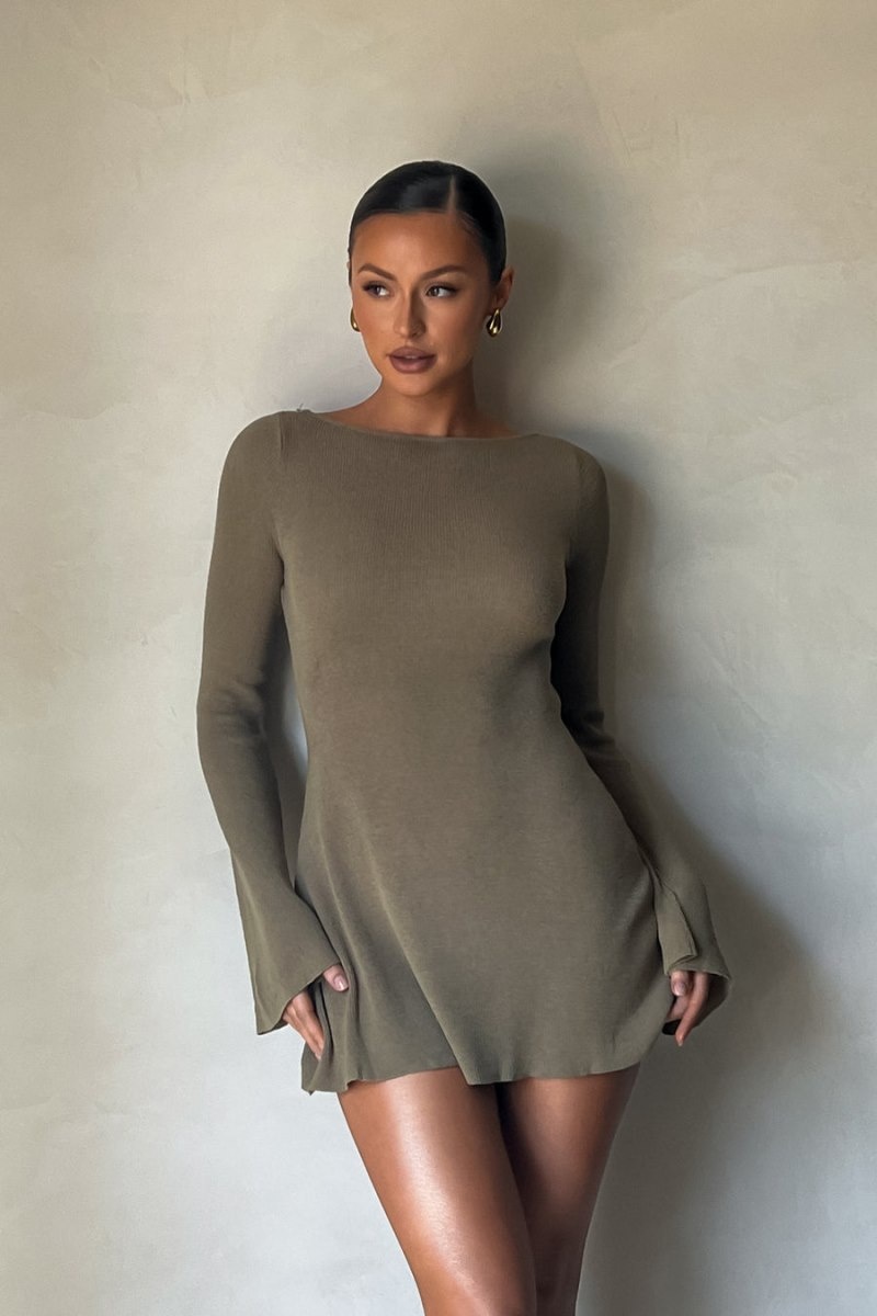 Women's Meshki Zahra Long Sleeve Open Back Knit Mini Dress Olive Australia | U6F-5957