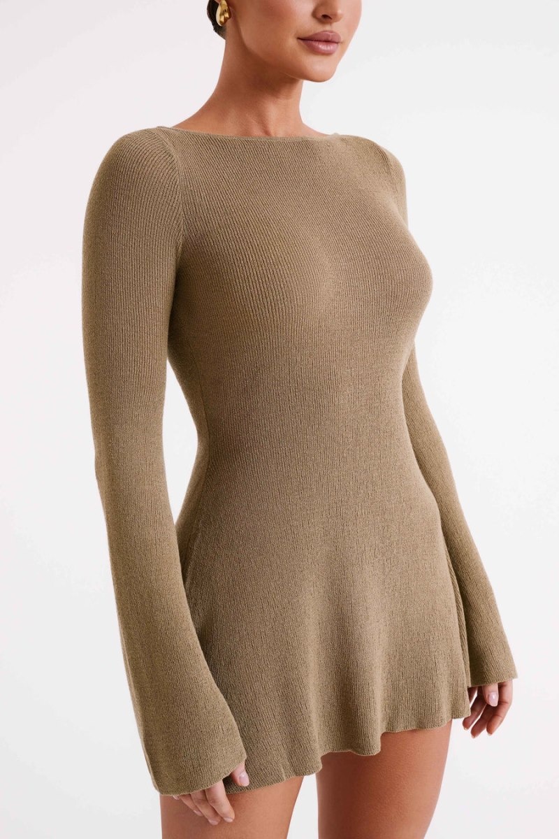 Women's Meshki Zahra Long Sleeve Open Back Knit Mini Dress Olive Australia | U6F-5957