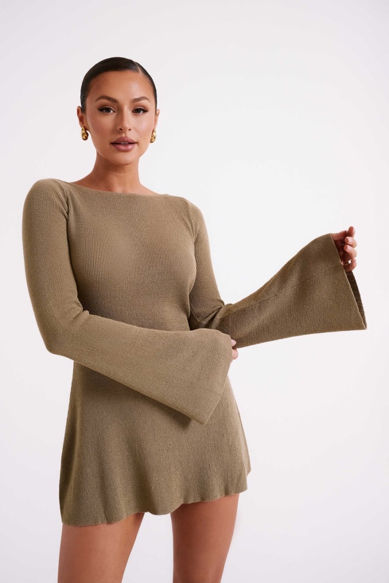 Women's Meshki Zahra Long Sleeve Open Back Knit Mini Dress Olive Australia | U6F-5957