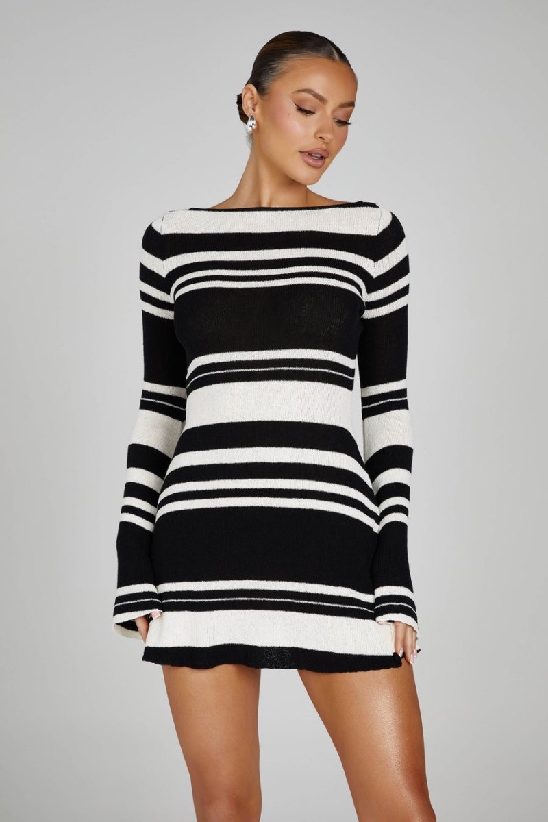 Women's Meshki Zahra Long Sleeve Open Back Knit Mini Dress Black / White Australia | Z5G-7709