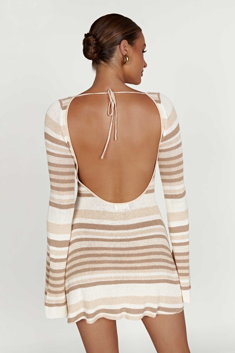 Women's Meshki Zahra Long Sleeve Open Back Knit Mini Dress Cream Australia | U9T-3300