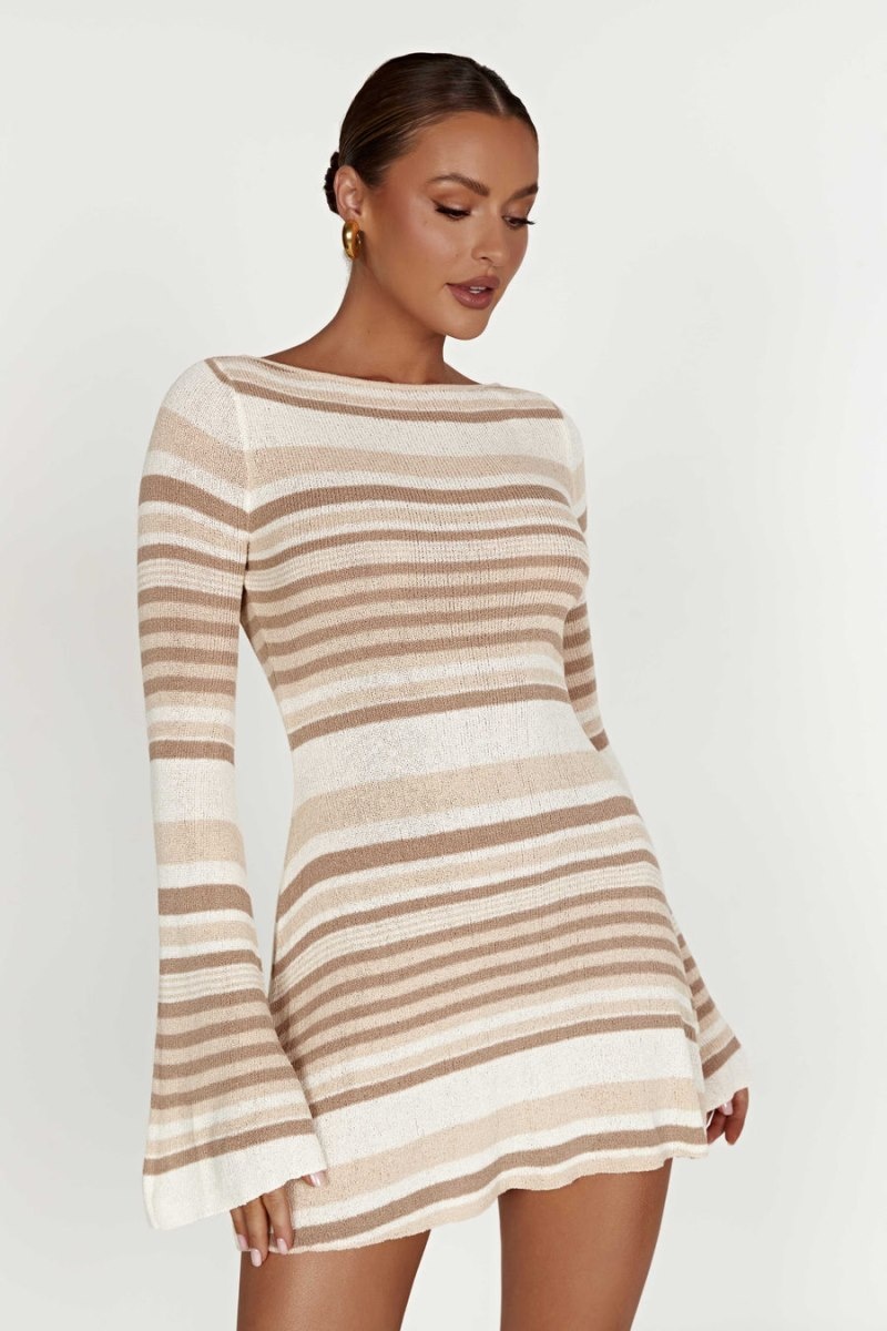 Women's Meshki Zahra Long Sleeve Open Back Knit Mini Dress Cream Australia | U9T-3300