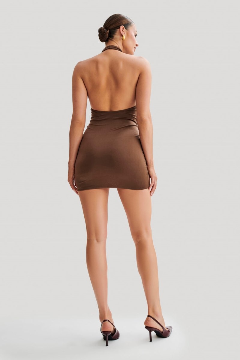 Women's Meshki Zaida Slinky Halter Mini Dress Brown Australia | N6G-2498