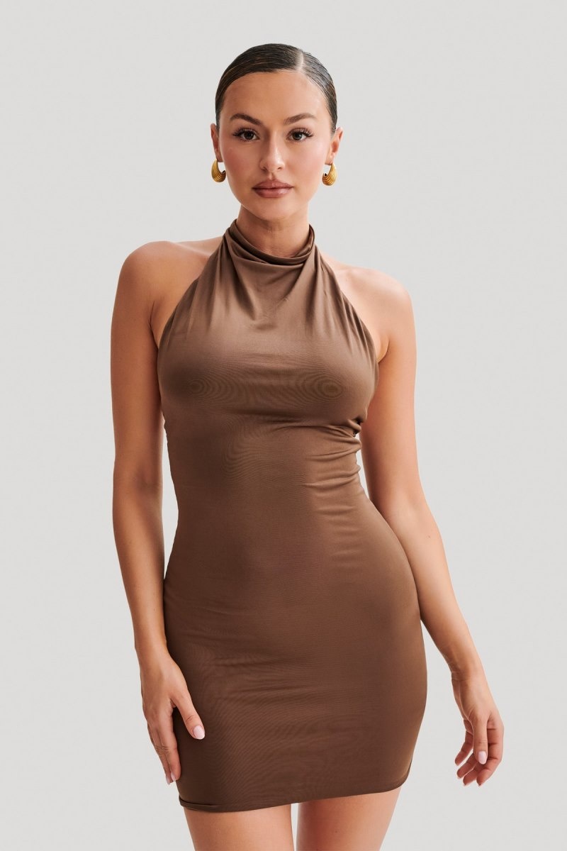 Women\'s Meshki Zaida Slinky Halter Mini Dress Brown Australia | N6G-2498