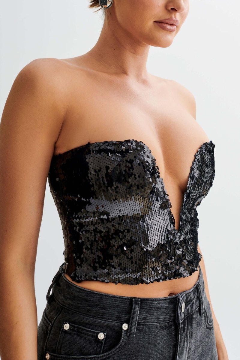 Women's Meshki Zariah Strapless Sequin V Corset Black Australia | R3D-7715